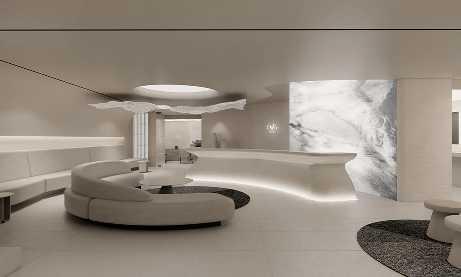Orta Clinic lobby render with curved sofas and reception desk