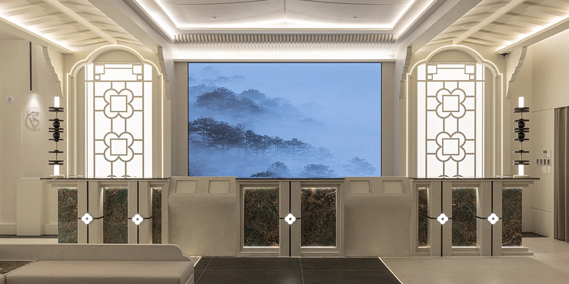 V&S Clinic Yeoksam ground-floor reception with a large landscape screen
